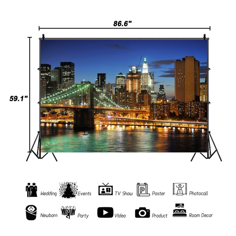 AOFOTO 7x5ft New York City Brooklyn Bridge Background Downtown Skyscrapers at Night Photography Backdrop Manhattan Skyline Hudson River Man Adult Portrait Photo Studio Props Video Drape Wallpaper - Image 4